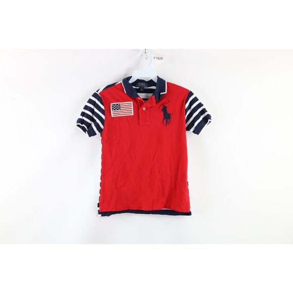 Ralph Lauren Boys Size Small (8) USA Flag Big Pony Striped Collared Polo Shirt - Picture 1 of 7